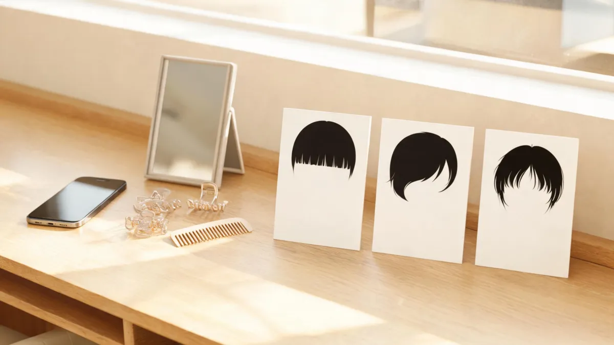 AirBrush bangs filter checklist with an unbranded phone, mirror, comb, clips, and blank fringe reference cards