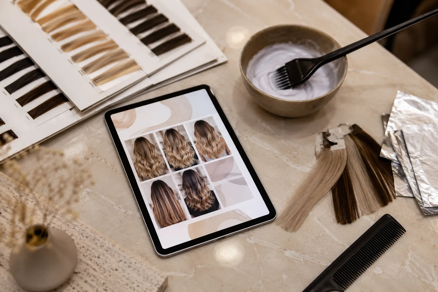 Salon consultation flat lay with balayage swatches, color brush, and preview cards