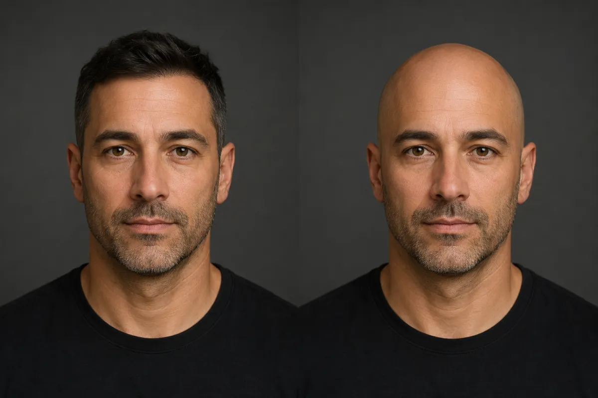A man neutrally previewing a clean-shaven bald look on his own selfie with an AI bald filter