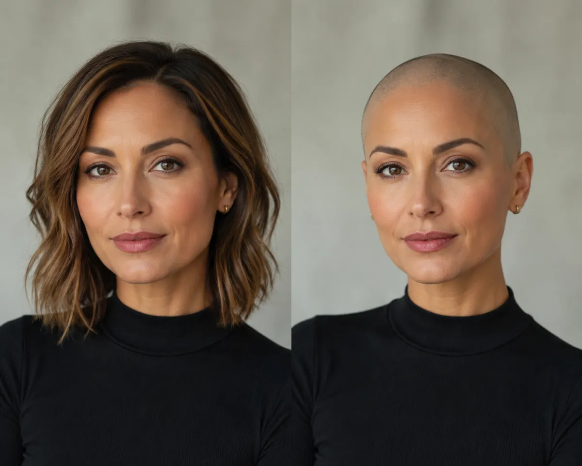 A woman neutrally previewing a shaved head for style exploration with an AI hairstyle changer