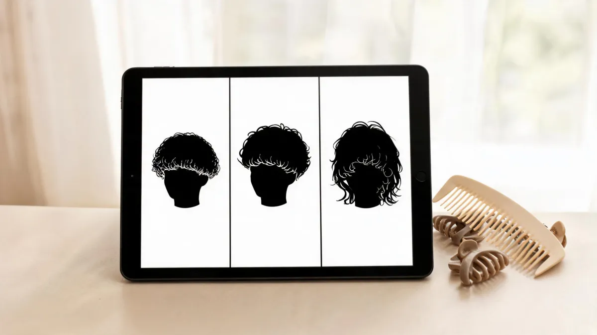 Curly bangs filter comparison on an unbranded tablet with three image-only natural curl fringe silhouettes, hair clips and a wide-tooth comb, neutral daylight, no readable text