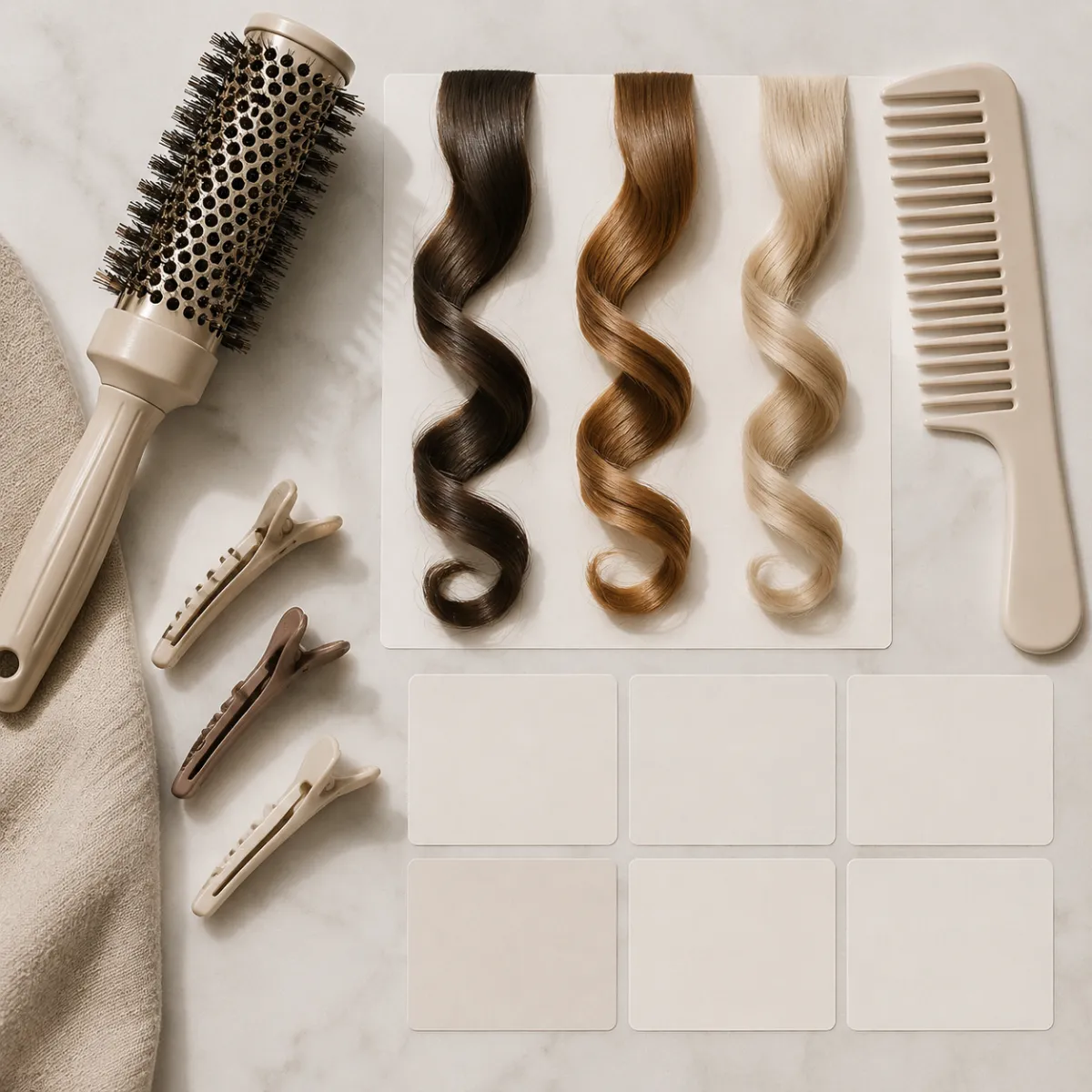 Curly hair planning still life with a round brush, curl clips, a comb, and a three-step curl-pattern selection board, no portrait, no text, no logos