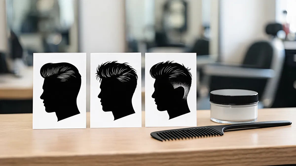 Custom pompadour comparison board with three unlabelled classic, textured, and faded hairstyle references
