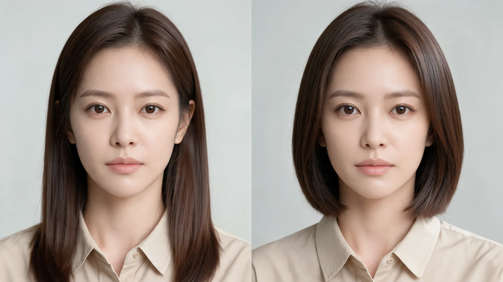 Illustrative same-person comparison of shoulder-length brunette hair and a chin-length bob for a Fotor hairstyle changer test