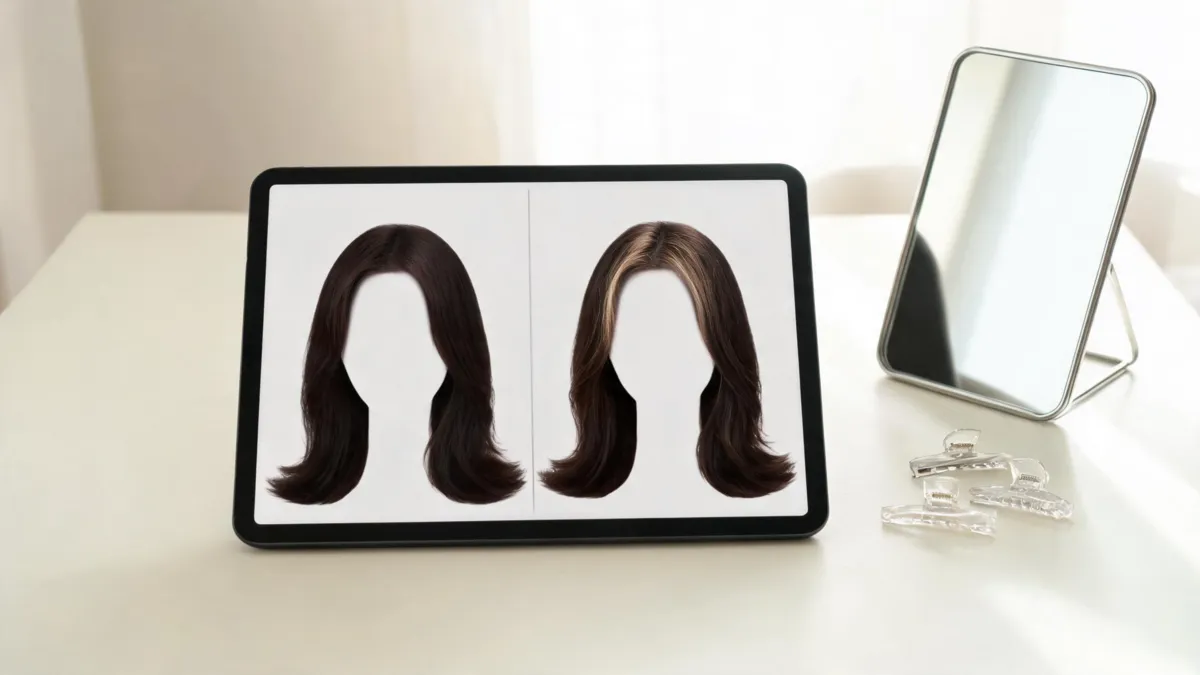 Highlights filter preview checklist with a brunette original and a natural face-framing highlights comparison on an unbranded tablet