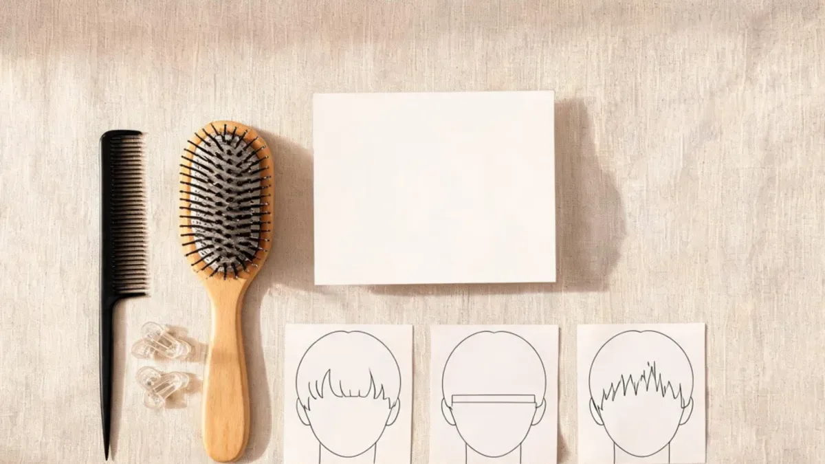 Micro bangs filter decision tools with a comb, clips, a blank portrait card, and unlabelled fringe-shape sketches
