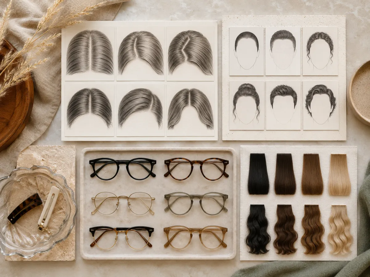 Top-down middle-part styling assessment board with simple crown and hairline diagrams, frame shapes, and texture swatches