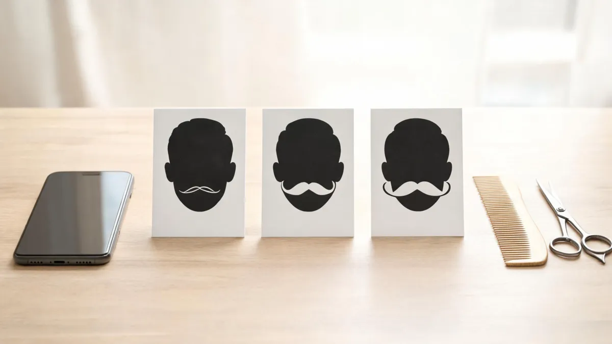 Mustache filter comparison with three image-only facial-hair silhouettes, a comb, and grooming scissors