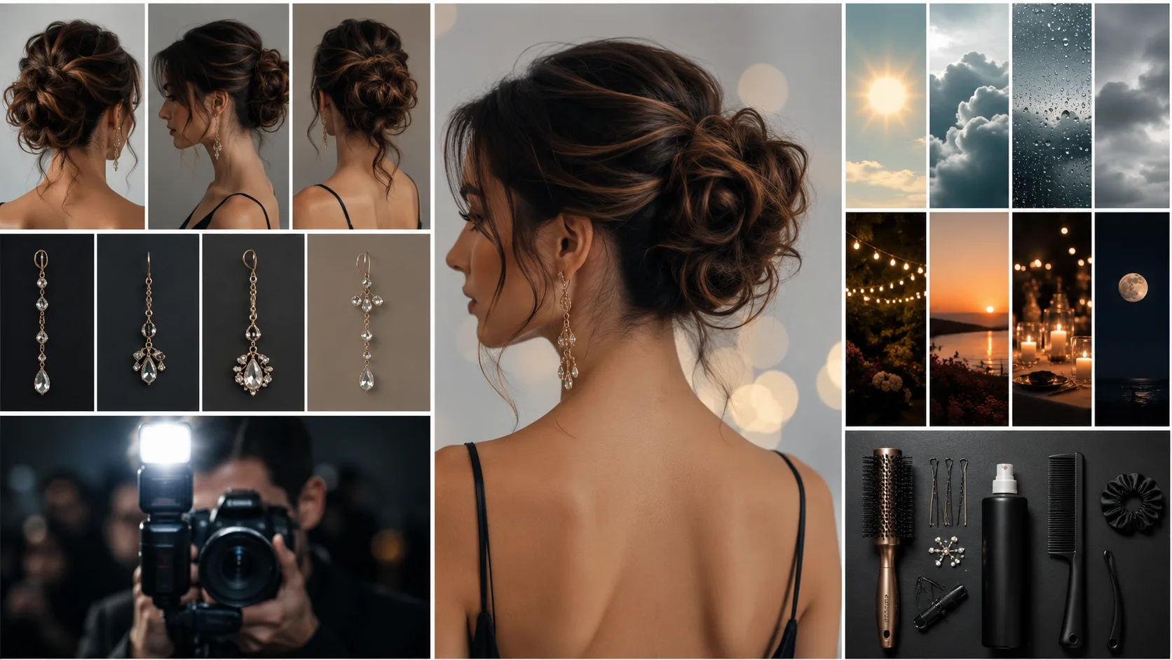 An editorial party hairstyle planning card showing neckline, earrings, flash photo, weather, and timing checks, no readable UI text