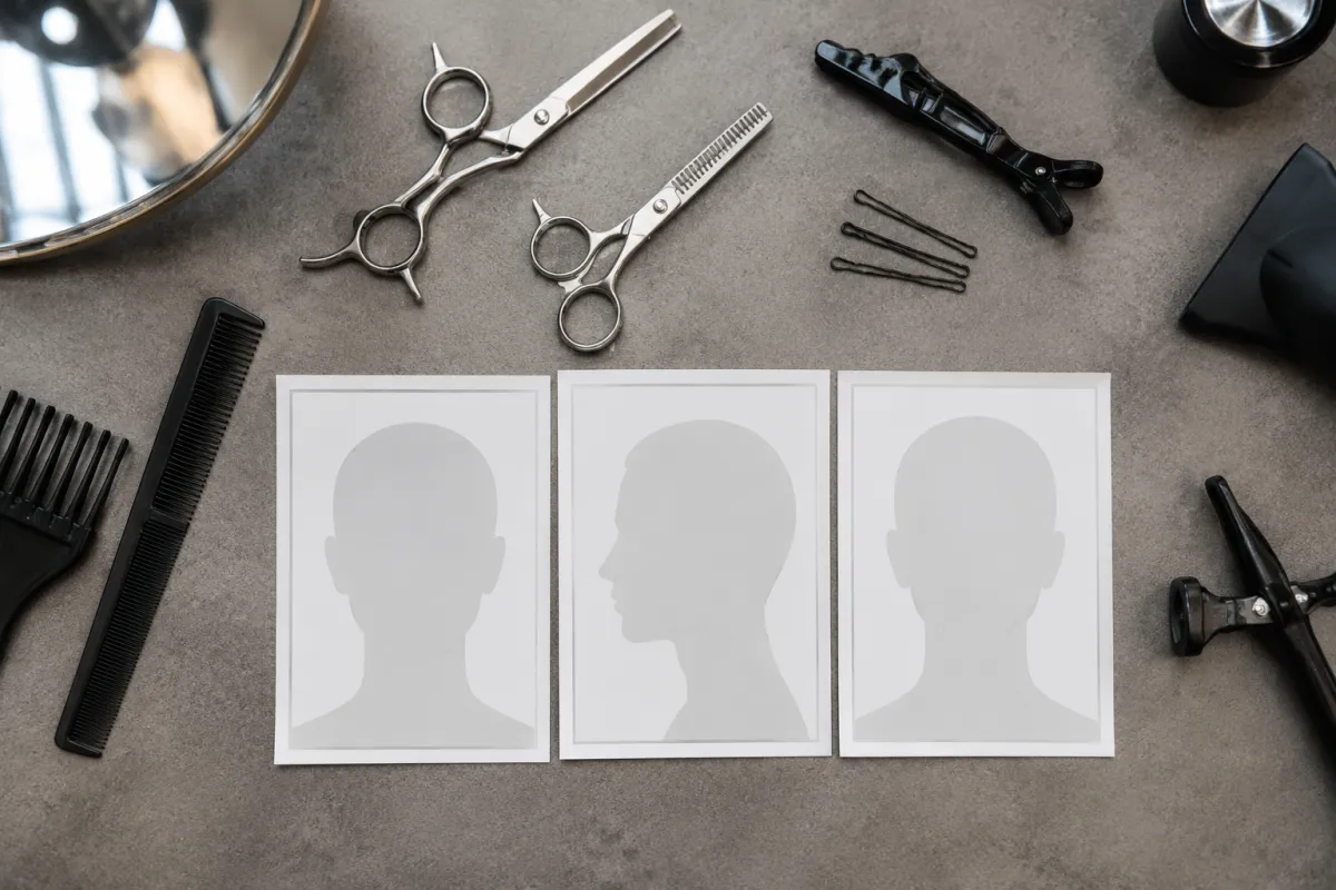Pixie haircut consultation still life with scissors, comb, short-hair reference cards, and a front-side-back viewing checklist layout, no portrait, no text, no logos