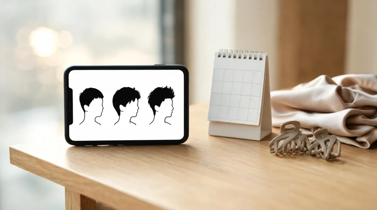 Pixie cut maintenance planning still life with an unbranded phone showing three image-only short-hair silhouettes, a small calendar, satin scarf and hair clips, soft daylight, no readable text