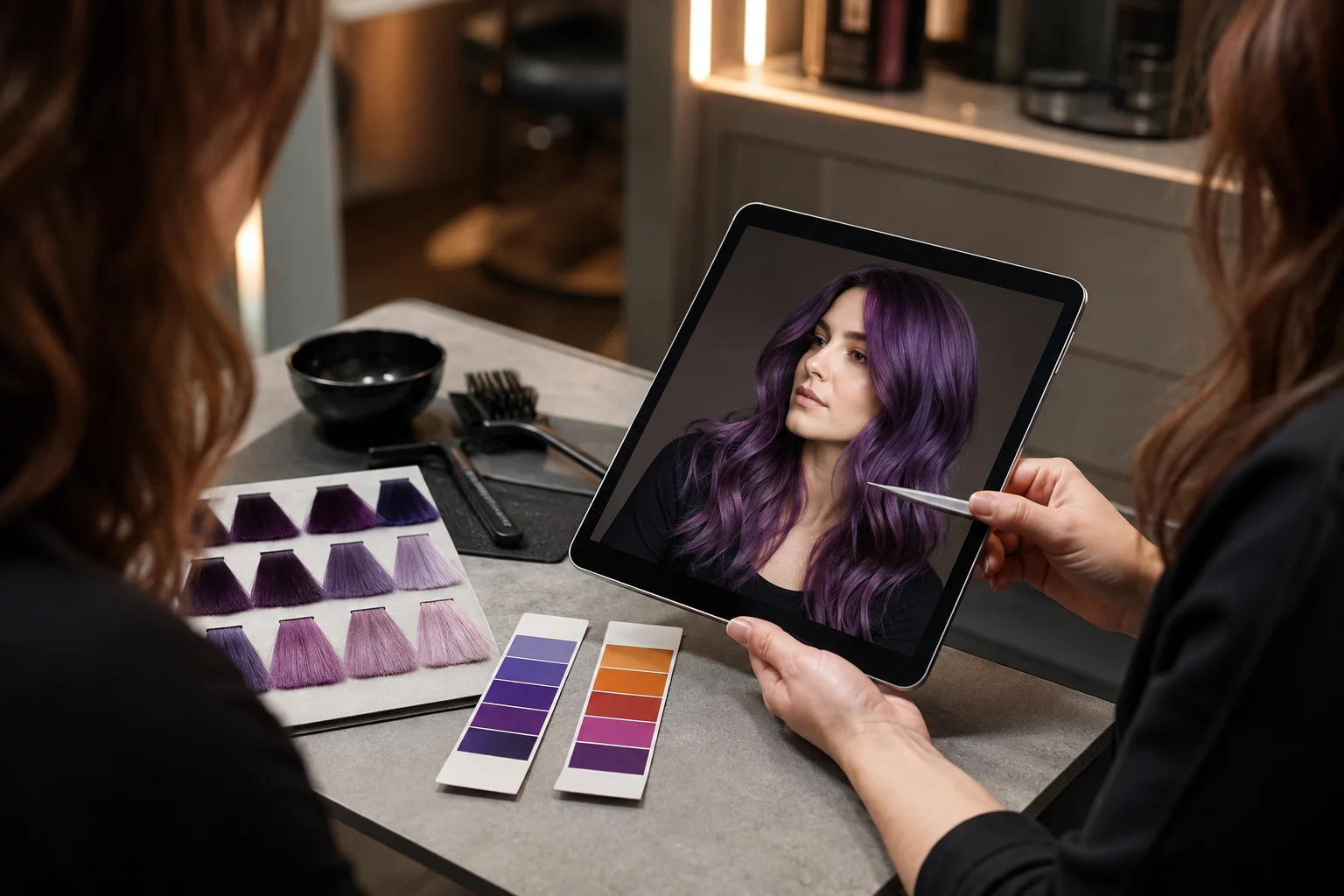 Salon consultation table with purple hair swatches, portrait previews, and lighting samples