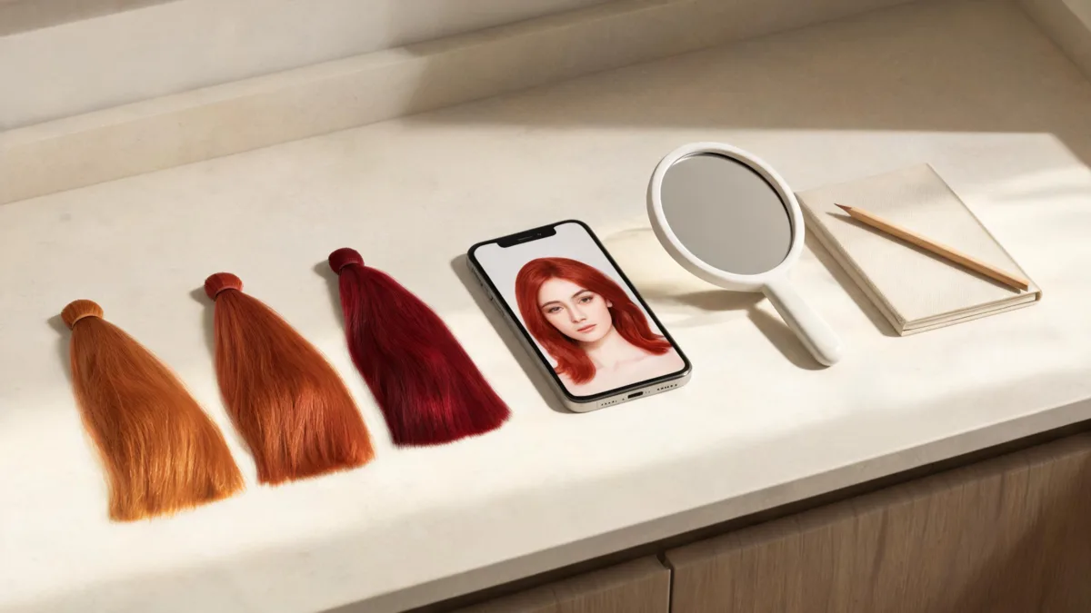 Red hair maintenance planning board with copper, auburn, and cherry swatches beside a phone and mirror