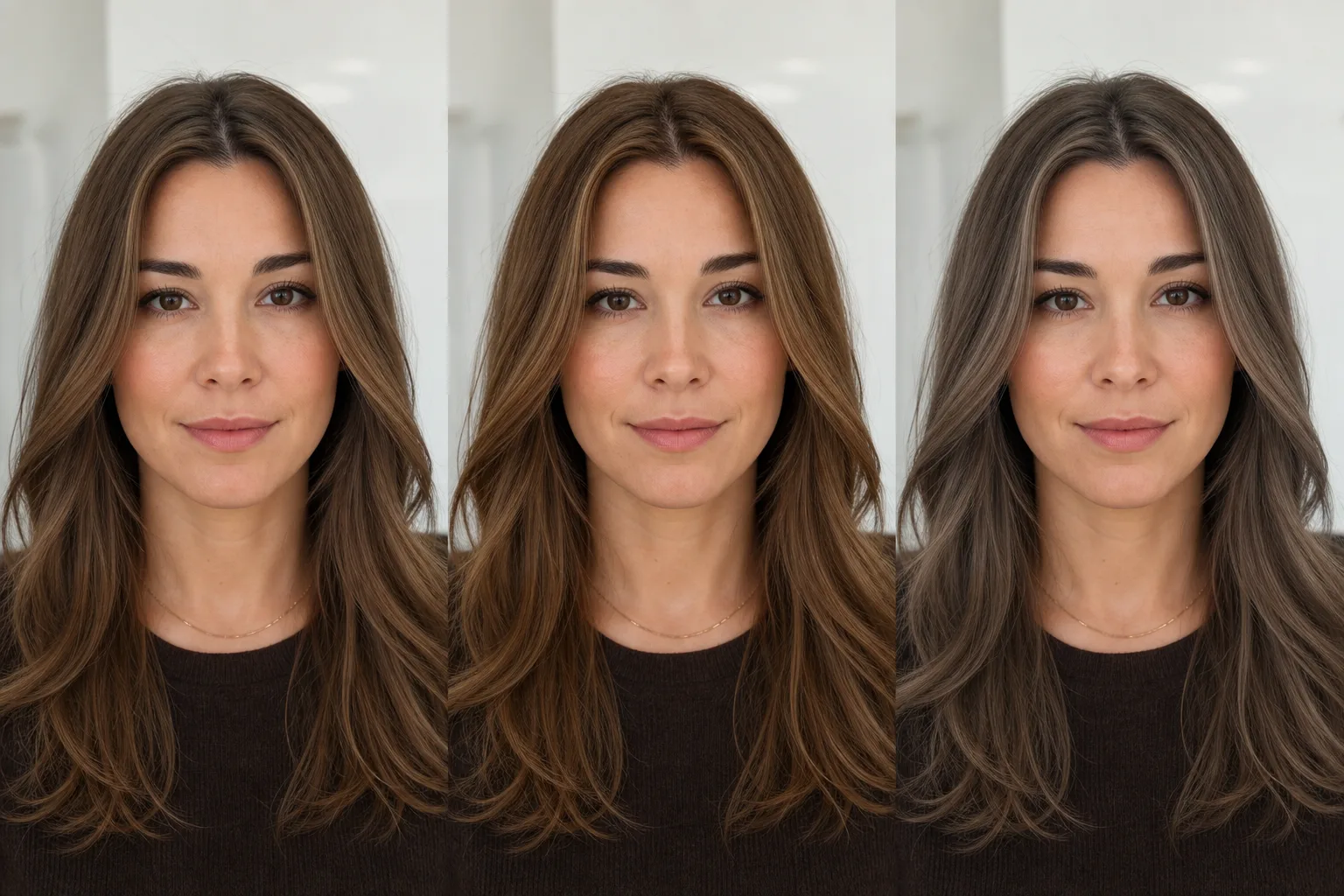 Root touch-up shade comparison preview with neutral, warm, and cool blending directions
