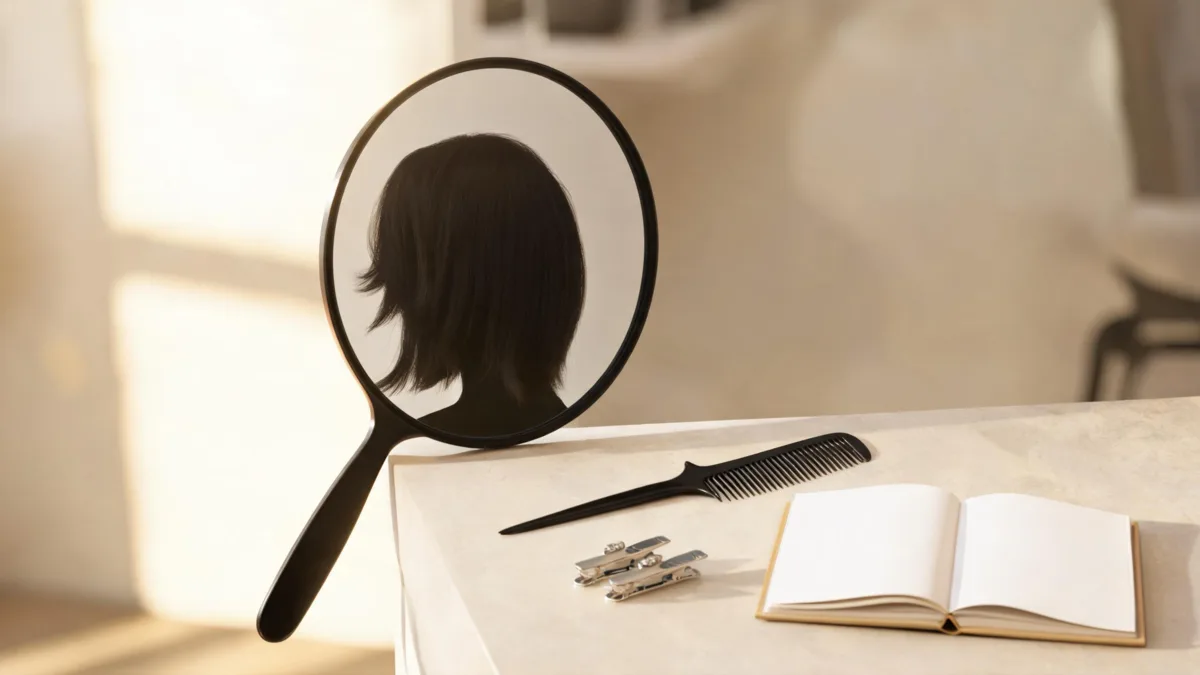 Side bangs filter planning still life with a hand mirror reflecting a fictional side-swept silhouette, a tail comb, clips, and a blank notebook