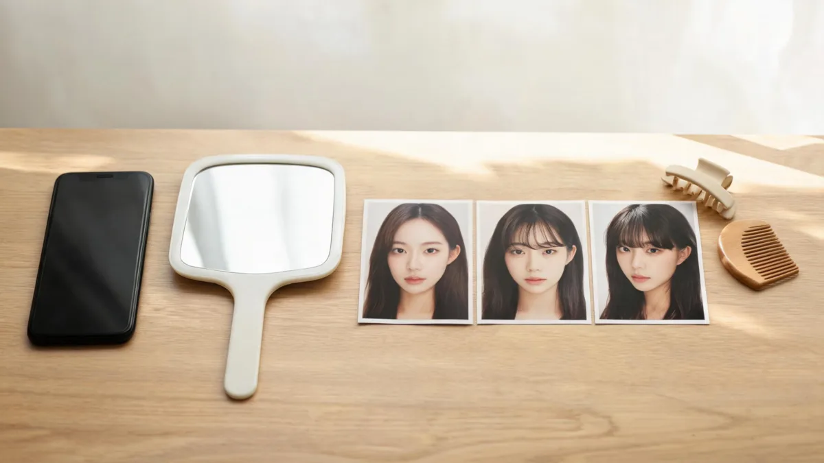 TikTok bangs filter comparison planned with an unbranded phone, a mirror, and nearby fringe options