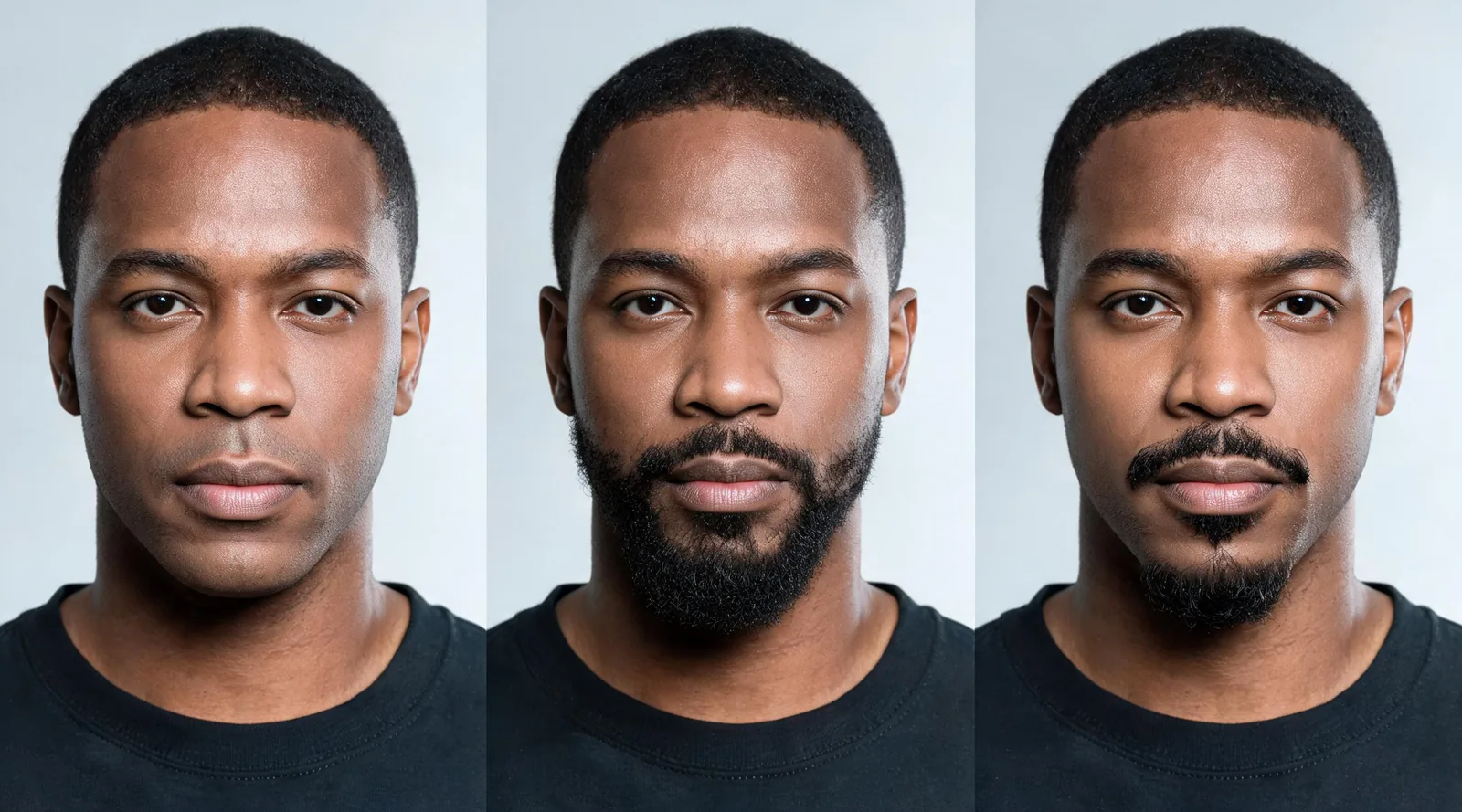 Illustrative comparison of one face clean-shaven, with a full beard, and with a mustache and goatee