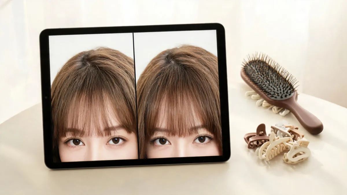 Wispy bangs filter comparison with two soft-fringe directions beside simple styling tools