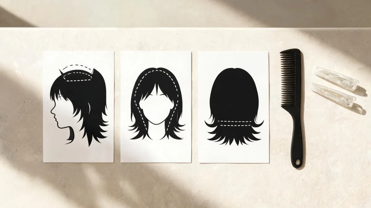 Wolf cut salon brief visual with crown, face-framing, and nape-length shape checks